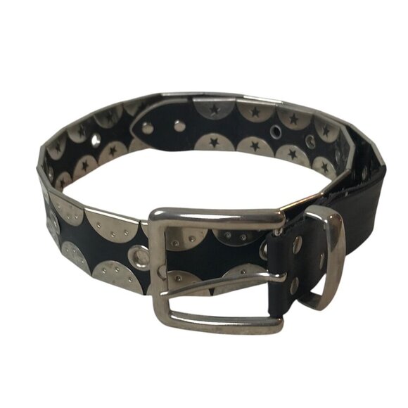 Black Leather Belt With Silver Coloured Flat Studs Statement Piece Size S - Picture 3 of 5